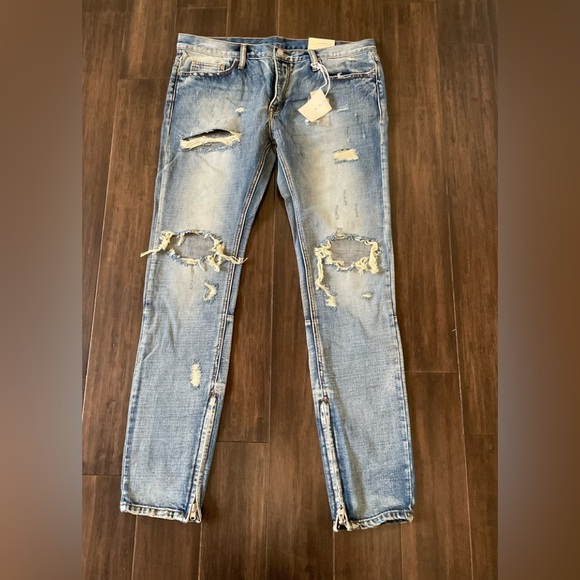MNML Men's Size 36 Blue Denim Jeans Button Fly Ankle Zip Tapered Distressed - Picture 1 of 7